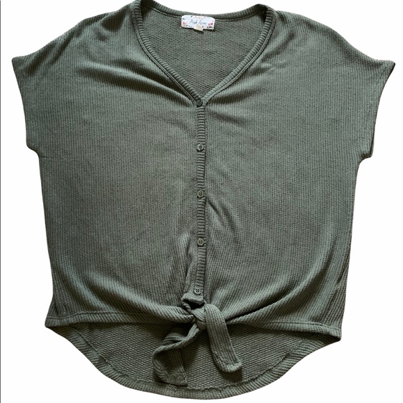 Pink Rose Tops - olive green button up tie front shirt
